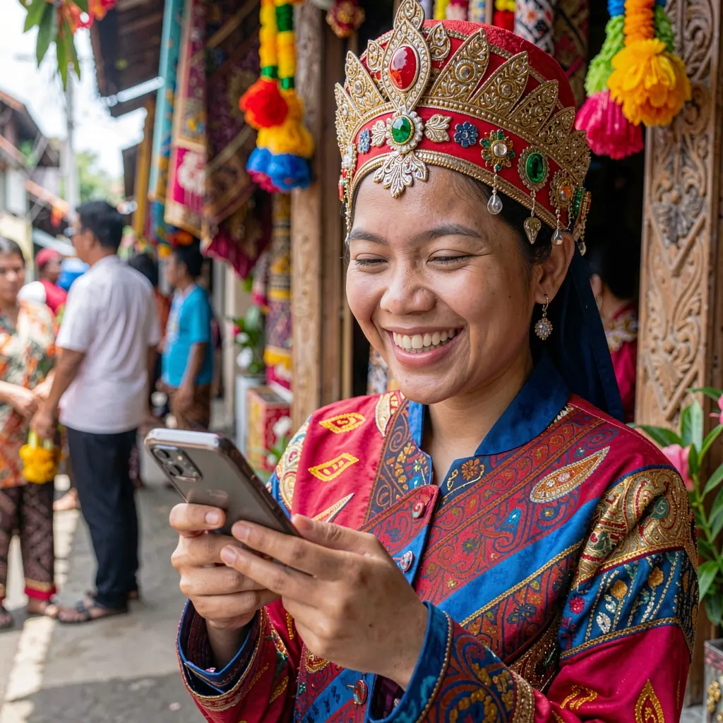 WP888 App – Enjoy a smooth and modern mobile casino experience in Indonesia Indonesian woman in traditional clothing smiling while using the WP888 mobile casino app on her smartphone