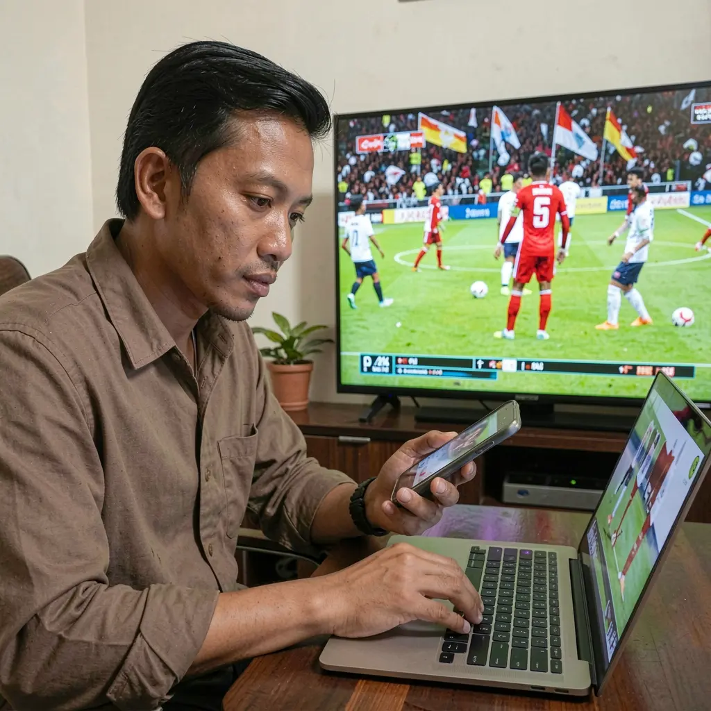 WP888 – Advanced sports betting tools for serious players in Indonesia Focused Indonesian sports bettor analyzing live soccer statistics on a laptop and smartphone while streaming a match using WP888