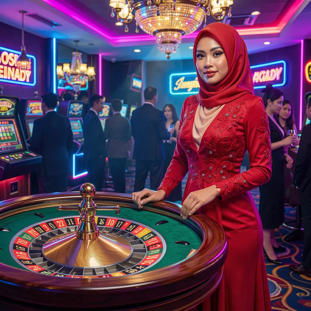 WP888 – Discover high stakes roulette action for premium players in Indonesia Confident woman in a red dress standing by a glowing roulette table inside a neon casino atmosphere representing high stakes gaming at WP888 Indonesia
