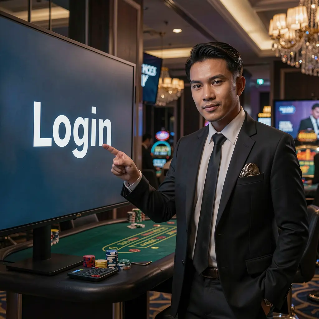 WP888 Login – Easy and fast account access for Indonesian players Confident Indonesian casino dealer pointing at a glowing login screen inside a modern WP888 casino environment